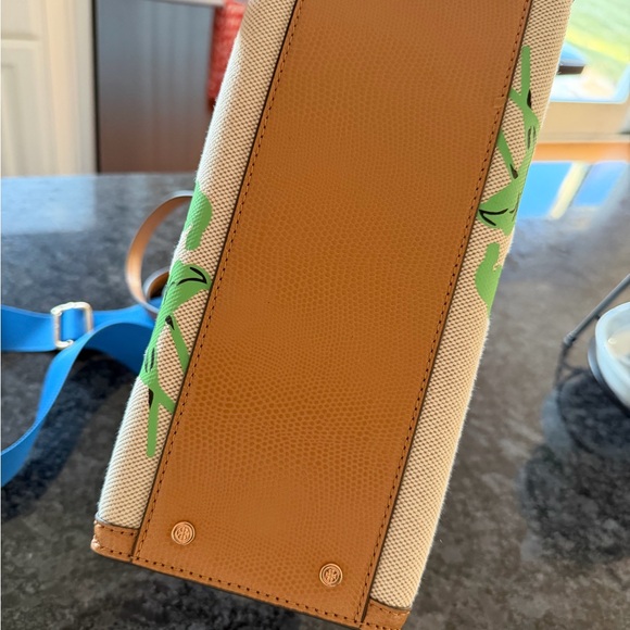 Tory Burch Small Walker Blue Floral Canvas Satchel with Tan Leather - Picture 6 of 6